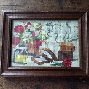 Framed Bucilla Bread & Honey Cross Stitch Design - Rustic Vintage Cross Stitch-